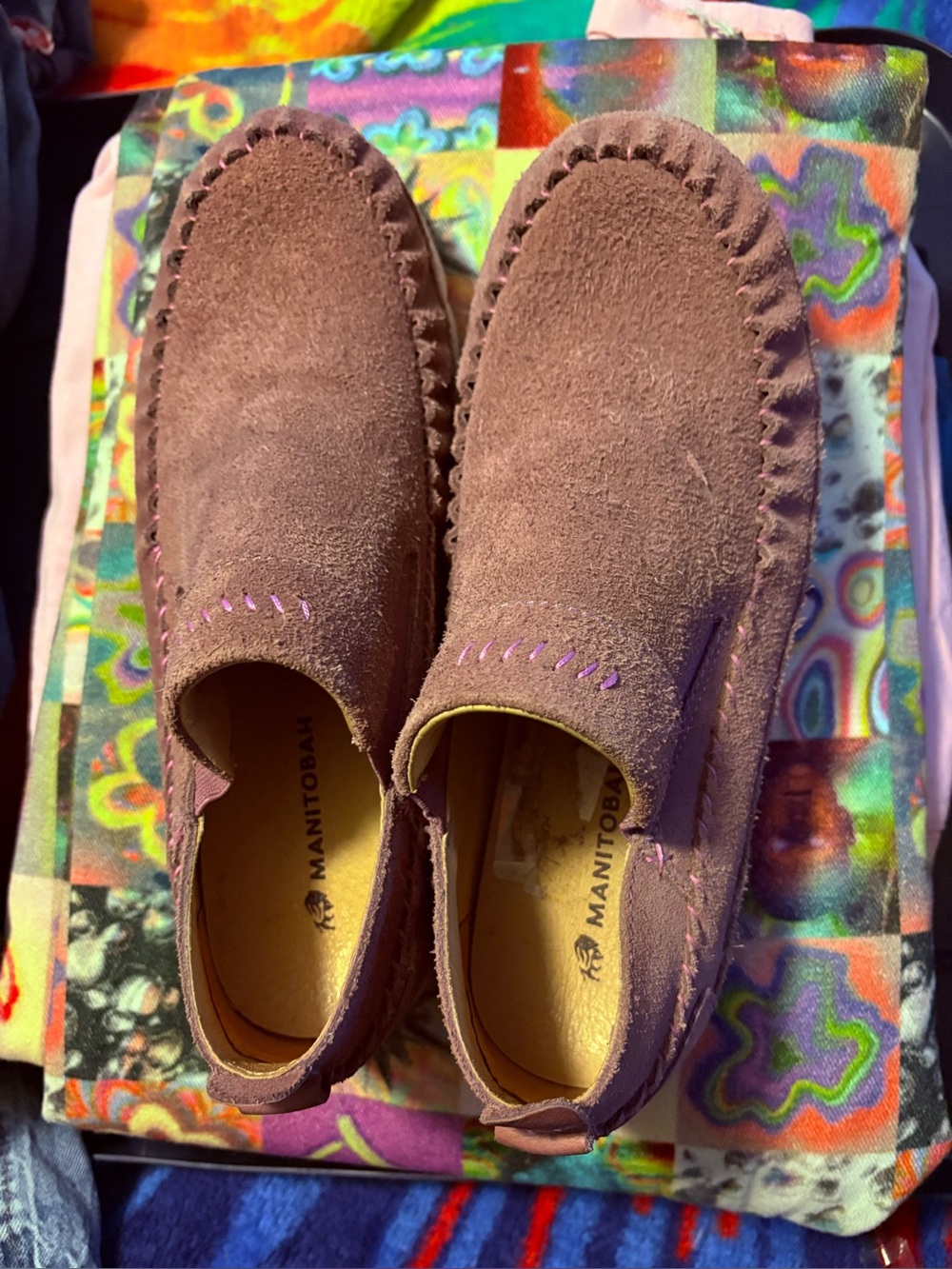 Manitobah Suede Moccasin Slip-Ons in Dusty Plum